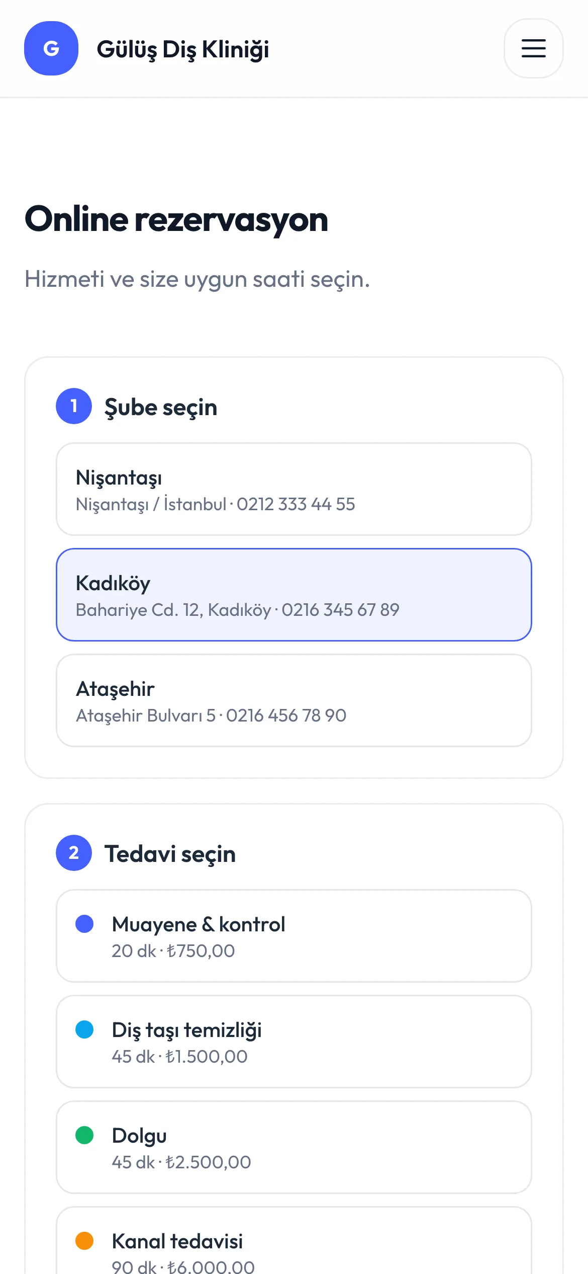 Telefondan şube ve hizmet seçerek rezervasyon